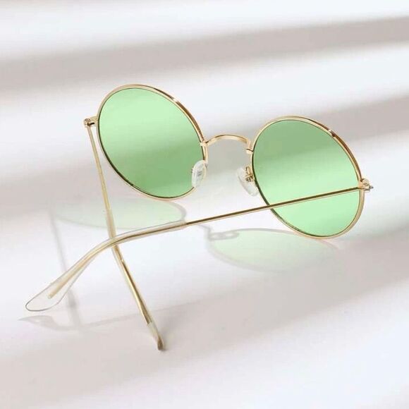 🆕Green Tinted Round Lens Gold Frame Sunglasses - Picture 3 of 5